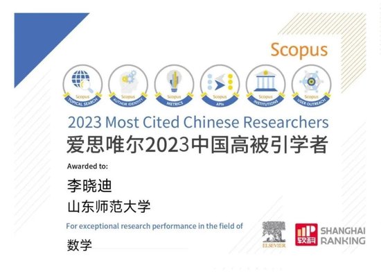 2023年李曉迪教授高被引證書